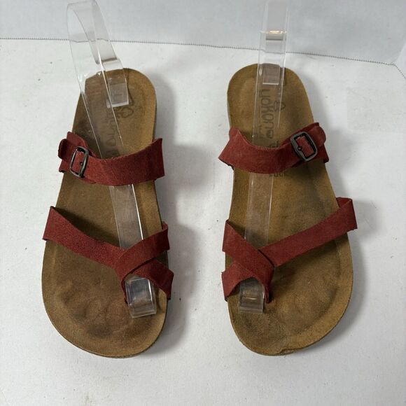 Yokono Sandals Womens Size 8 Flip Flop Red Toe Strappy Leather Cork‎ Adj G1 - Picture 3 of 10